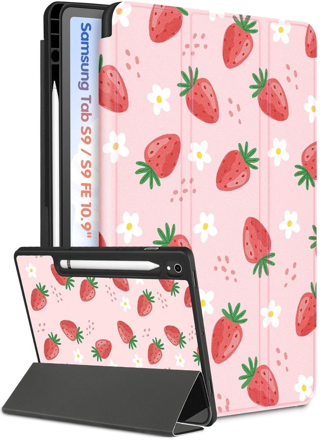 Wazzasoft for Samsung Galaxy Tab S9 FE 5G Case, for Samsung Galaxy Tab S9 Case Cute Women Girls, Girly Kawaii Teens Pretty Folio Cover with Pencil Holder, Strawberry for Galaxy Tablet S9/ S9 FE Cases - Image 1